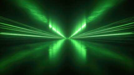 Fototapeta premium Green glowing light speed lines on reflective surface