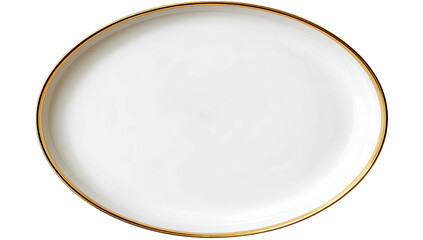 Elegant oval white plate with a thin gold rim, isolated on black