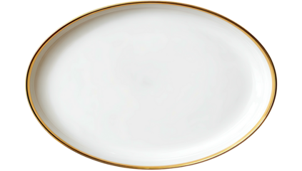 Elegant oval white plate with a thin gold rim, isolated on black