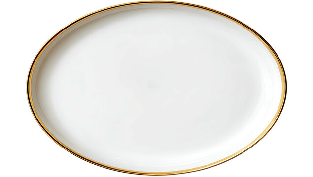 Elegant oval white plate with a thin gold rim, isolated on black