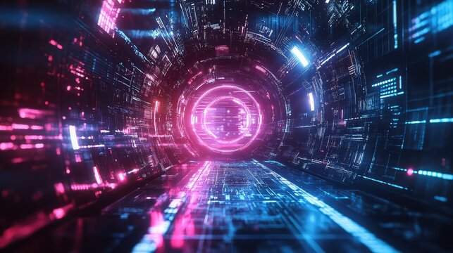 Cyberpunk digital tunnel with glowing neon data lines