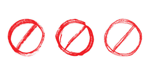Set of hand drawn prohibition sign No entry symbol Red circle with cross line clipart in doodle style Ban Restriction Forbidden stop Single element for print, web, design