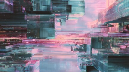 Futuristic metropolis cityscape generating digital data and glitch effects
