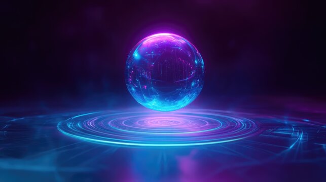 Glowing sphere floating over neon light rings