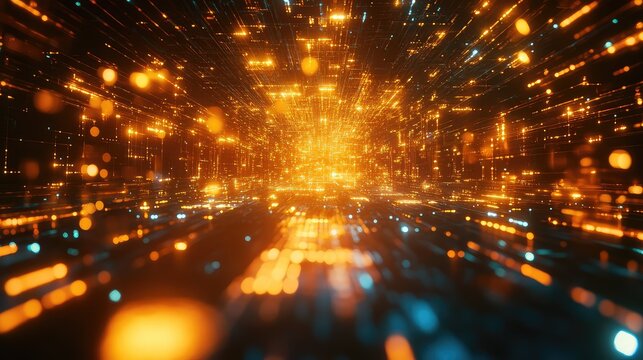 Digital data stream tunnel with glowing orange lines - Powered by Adobe