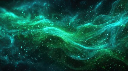 Fototapeta premium Abstract green and blue wavy nebula with particles