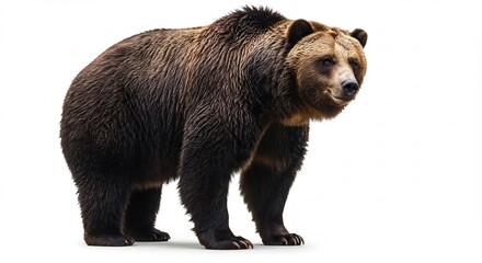 Fototapeta premium Strong brown bear stands calmly illuminated by bright studio lighting on a pure white background. AI Generated