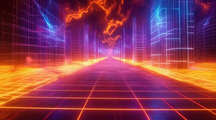 Grid city road leading to futuristic digital storm clouds