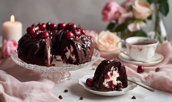 whole rich dark chocolate bundt cake with glossy chocolate amaretto glaze, topped with juicy black cherries and small chocolate pieces or chocolate shavings nestled between cherries, placed on a cryst - Powered by Adobe