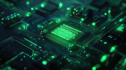 Circuit board with glowing green light lines