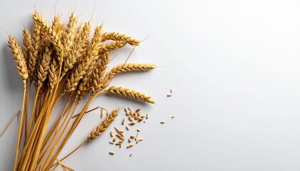 Bundle of golden wheat stalks tied with string on white background, symbolizing harvest and agriculture.