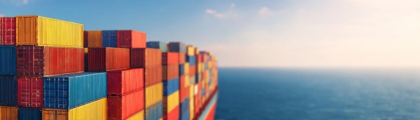 Fototapeta premium International Economic Policy,Colorful shipping containers stacked near the ocean under a bright sky