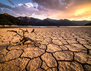 Cracked earth and driftwood under a dramatic sunset over a lake