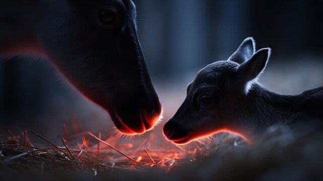 A tender moment captured in the gentle glow of twilight, showcasing the heartwarming connection between a mother and her calf, embodying affection and the beauty of nurturing relationships in nature.