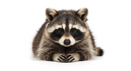 Obraz premium Adorable young raccoon calmly resting on a bright white background looking directly with captivating eyes studio shot. AI Generated