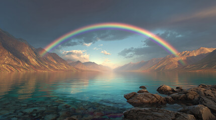 Beautiful rainbow over mountain lake landscape