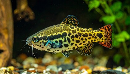 Close-up of spotted aquarium fish with leopard-like pattern and yellow body, surrounded by gravel and plants.