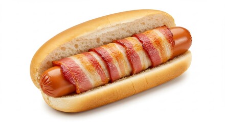 Sizzling bacon expertly wrapped around a juicy hot dog nestled in a soft bun with vibrant studio lighting. AI Generated