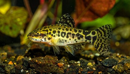 Close-up of spotted aquarium fish with leopard-like pattern and yellow body, surrounded by gravel and plants.