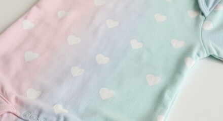 Close up of a soft pastel baby onesie showcasing a charming white heart pattern with a lovely gradient color blend. AI Generated