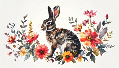 Artistic rabbit surrounded by vibrant flowers and foliage in a symmetrical botanical composition.