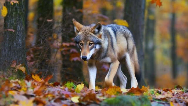 A lone wolf walks through a forest during autumn with falling leaves