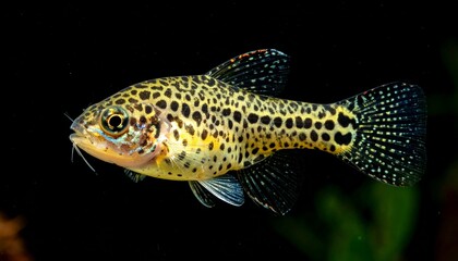 Close-up of spotted aquarium fish with leopard-like pattern and yellow body, surrounded by gravel and plants.