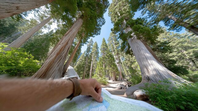 Hiker's POV navigating with a map in a giant sequoia national park. First-person perspective on a forest trail. Adventure and exploration concept