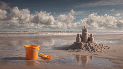 Fun summer holiday sandcastle and toy spade beach scene