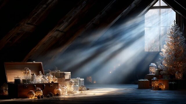 An Enchanting Attic Scene Illuminated by Soft Rays of Light, Featuring a Christmas Tree, Glittering Jars, and Decorative Boxes, Creating a Magical and Nostalgic Atmosphere 