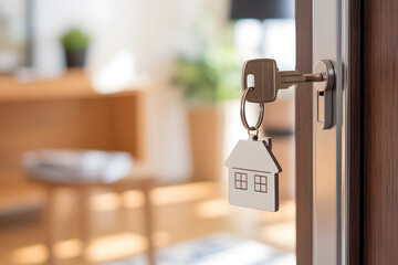 House key in open doorway entering new home