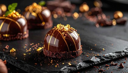 Glossy chocolate-glazed dessert with gold leaf on slate board, surrounded by cocoa and golden sprinkles.