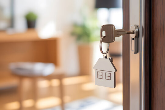 House key in open doorway entering new home