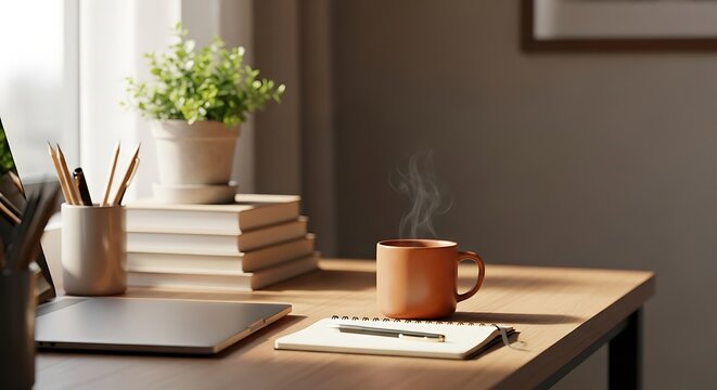 A cozy and bright home office desk setup with a laptop, books, plant, and steaming coffee mug. - Powered by Adobe
