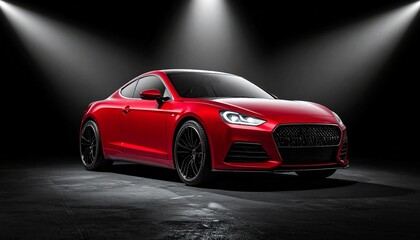 Sleek red sports car under dramatic lighting in dark studio, showcasing aerodynamic design and glossy finish.