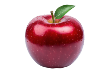 Glossy red apple with green stem leaf  
