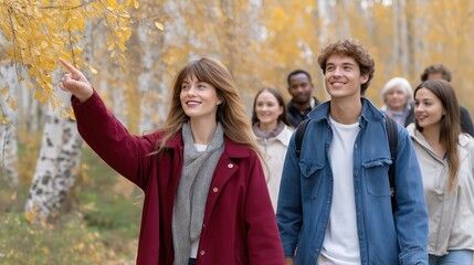 Diverse group of friends walking in an autumn forest. A young woman points at yellow leaves while enjoying a hike with a man and other people