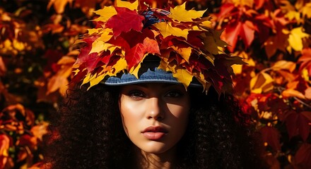 Woman wearing a hat decorated with autumn leaves portrait
