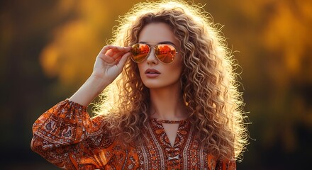 Woman with curly hair and sunglasses in a patterned shirt