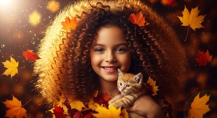 Girl holding a kitten with autumn leaves and curly hair