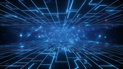 3D rendered futuristic digital technology background featuring glowing blue circuit board patterns with light trails and luminous nodes. Dark blue and cyan color scheme creates depth perspective effec - Powered by Adobe