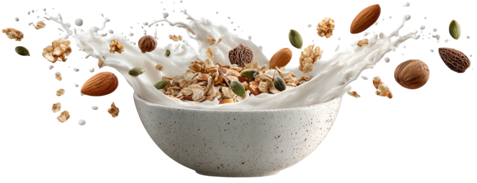 Cereal and nuts splash into milk in a speckled bowl