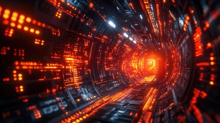 Futuristic server tunnel moving glowing red data bytes