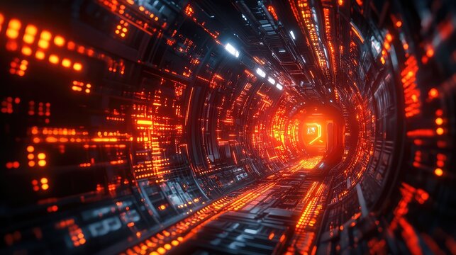 Futuristic server tunnel moving glowing red data bytes