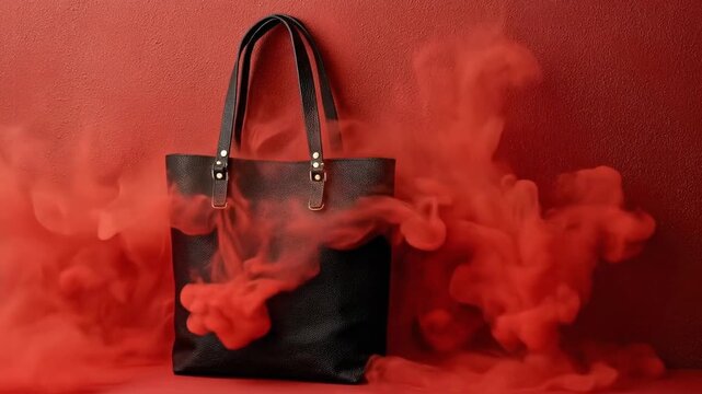 A black pebbled leather tote bag with gold-colored rivets stands against a textured red wall enveloped in billows of vibrant red smoke