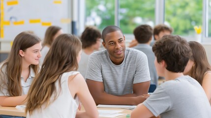 An African American teacher mentors a diverse group of high school students during a class discussion. Young people collaborating on a group project in a modern classroom. Education and teamwork conce