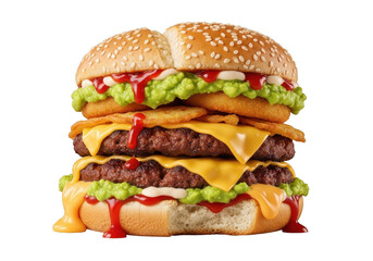 Delicious double cheeseburger with onion rings and ketchup png food photography, burger isolated on transparent background