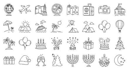 Collection of hand drawn travel and celebration icons vector illustration