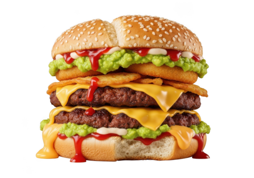 Delicious double cheeseburger with onion rings and ketchup png food photography, burger isolated on transparent background