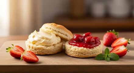 Scones with cream and jam, served with fresh strawberries.